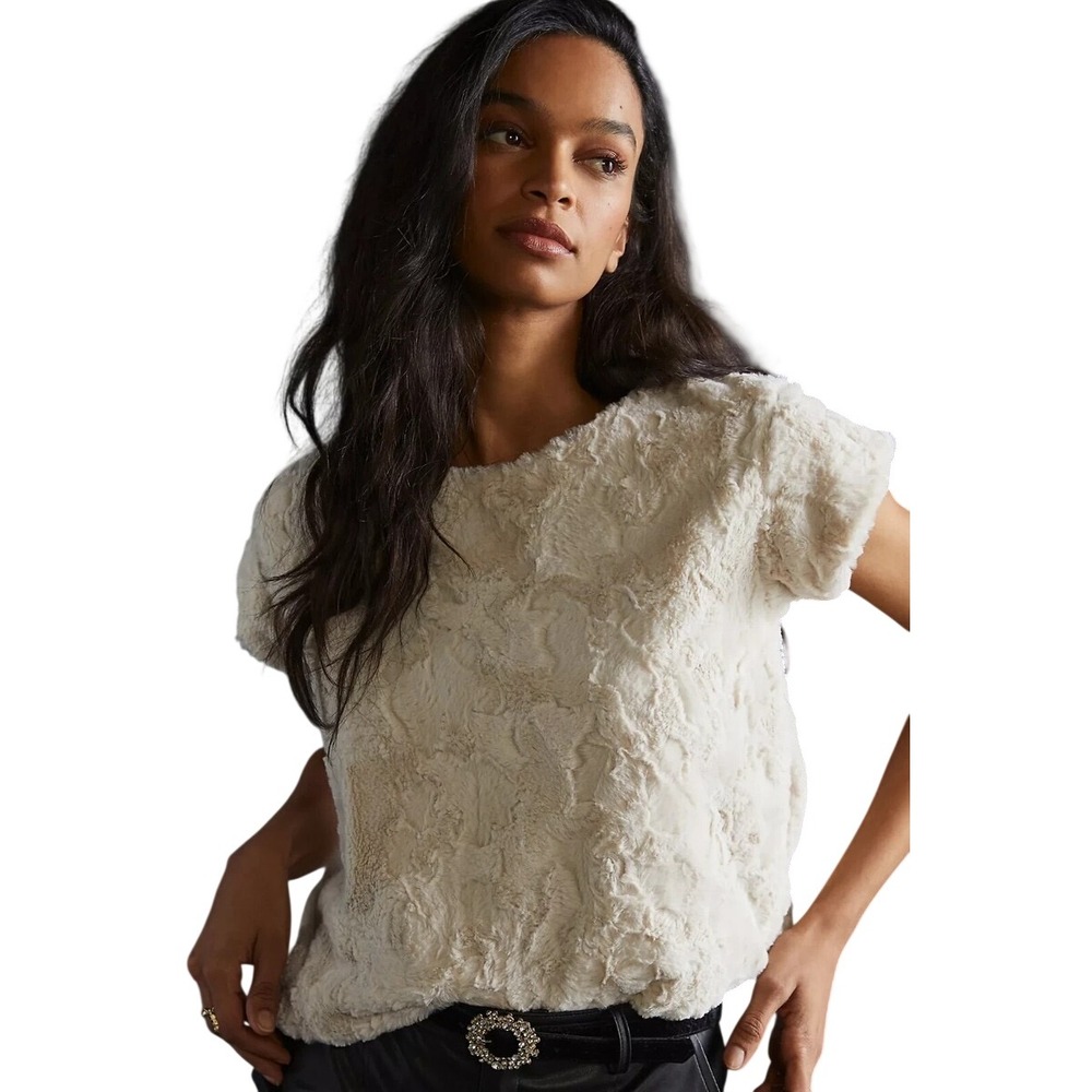 Maeve Anthropologie Faux Fur Short Sleeve Top Cream Beige OB1451136 Small